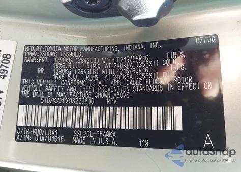 2009 Toyota Sienna Xle z USA, uszkodzony, nr VIN 5TDZK22CX9S229610